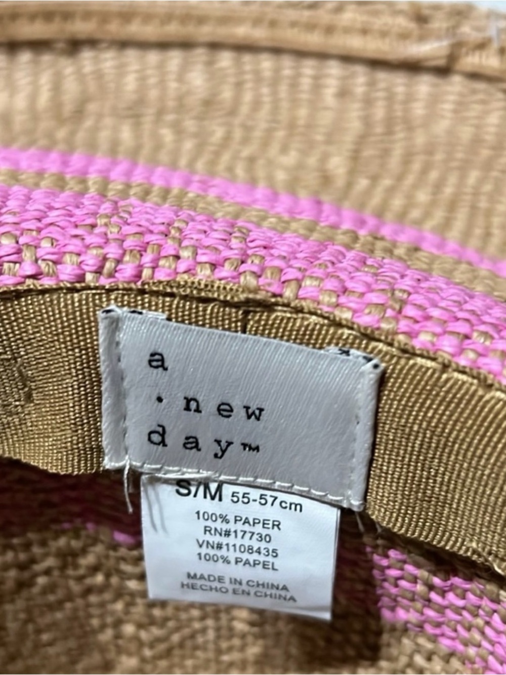A New Day Wide Brim Straw Sun Hat with Pink Accent - S/M - Picture 8 of 9